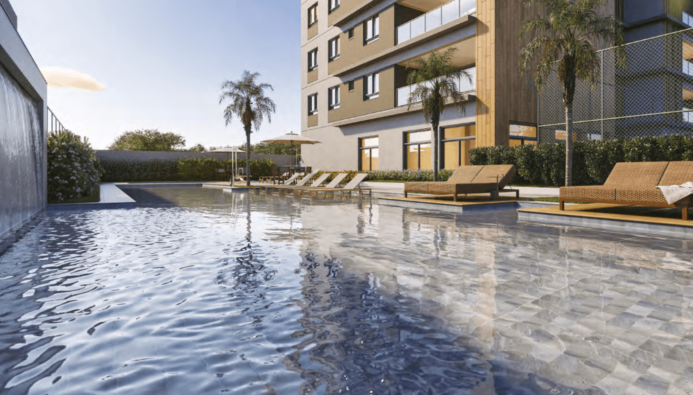 Piscina adulto com raia de 25 metros, deck molhado e solarium do Ópera São Caetano