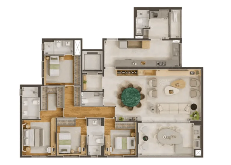 Planta de 183,97 m&sup2;, padr&atilde;o com 4 dormit&oacute;rios (2 su&iacute;tes)