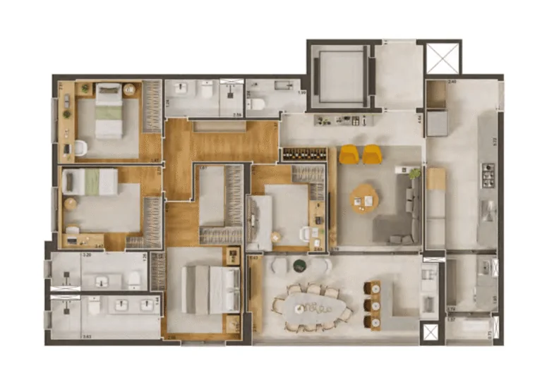 Planta de 137,40 m&sup2;, padr&atilde;o com 4 dormit&oacute;rios (2 su&iacute;tes)