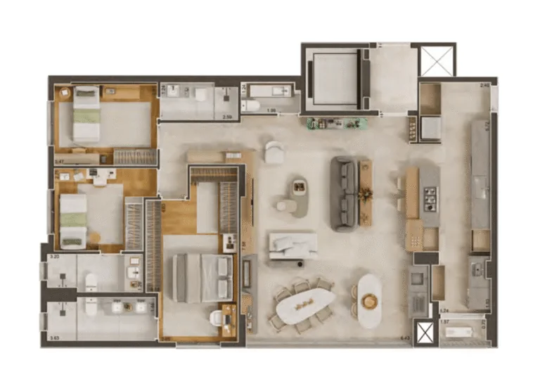 Planta de 137,40 m&sup2;, op&ccedil;&atilde;o com 3 su&iacute;tes e sala ampliada