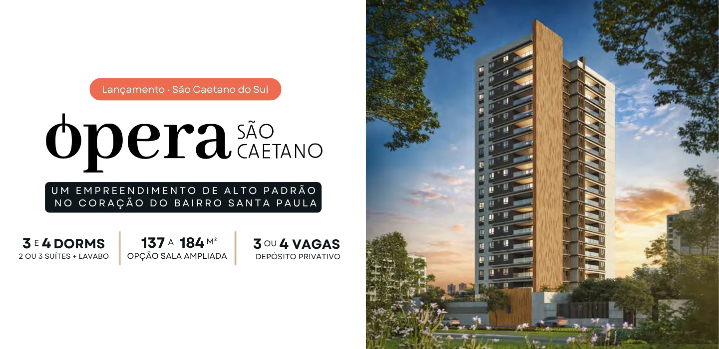 Fachada do Ópera São Caetano ao entardecer, torre de 17 pavimentos na Rua São Paulo, 1325