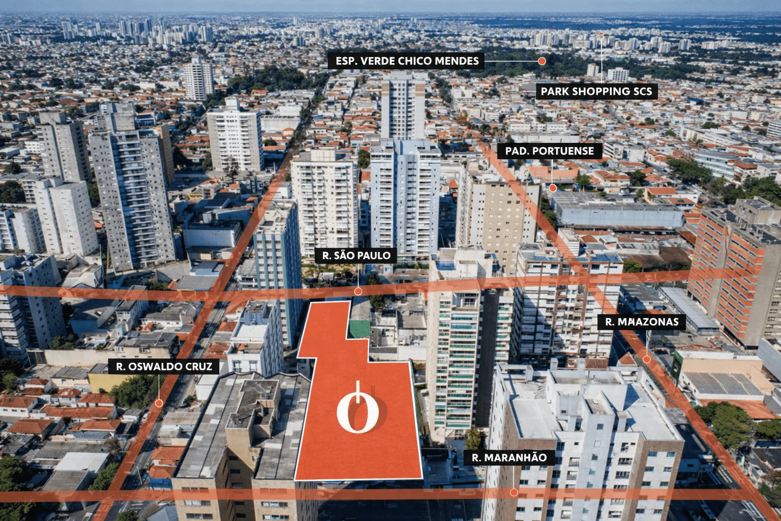 Vista a&eacute;rea do terreno na Rua S&atilde;o Paulo, 1325, com as ruas e pontos de refer&ecirc;ncia do entorno